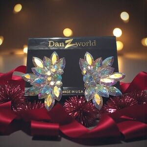 Vintage Aurora Borealis Crystal Earrings Colorful Dazzling